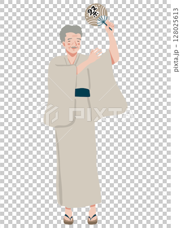 うちわを持って踊るシニア男性のイラスト 128025613