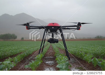 Agricultural drone surveying field in rain 128025755