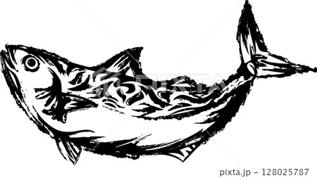 鯖のジャンプする墨絵 128025787