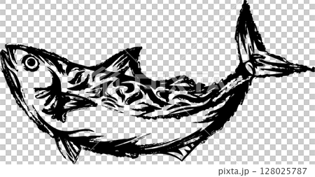 鯖のジャンプする墨絵 128025787