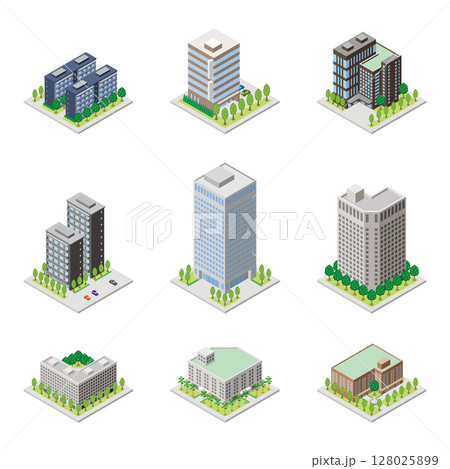 建物の立体的なイラスト. アイソメトリック画法. 建物の立体的なイラスト. アイソメトリック画法. 128025899