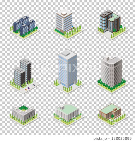 建築物的 3D 插圖。等軸測圖。 建築物的 3D 插圖。等軸測圖。 128025899
