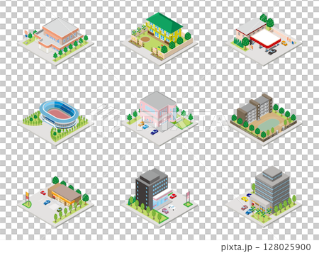 建築物的 3D 插圖。等軸測圖。 128025900