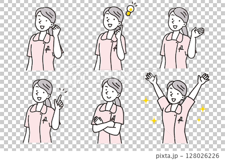Set illustration of a young female nurse posing with a smile Set illustration of a young female nurse posing with a smile 128026226