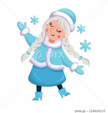 Russian Snegurochka or Snow Maiden dancing on white background. Vector illustration in cartoon style. Merry Christmas and Happy New Year. Russian Snegurochka or Snow Maiden dancing on white background. Vector illustration in cartoon style. Merry Christmas and Happy New Year. 128026237