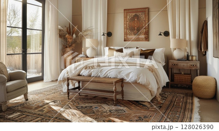 A handwoven Persian rug layered over a jute rug adds a touch of timeless luxury and texture to a traditionally styled bedroom 128026390