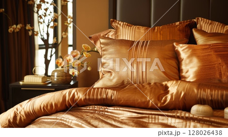 Designed for those who appreciate the finer things in life this bedroom showcases a decadent silk bedding set in a rich earthy tone creating a warm and inviting atmosphere 128026438