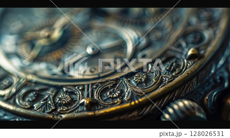 A shallow depth of field shot of an od antique watch highlighting the delicate engravings and patterns etched into its metal casing A shallow depth of field shot of an od antique watch highlighting the delicate engravings and patterns etched into its metal casing 128026531