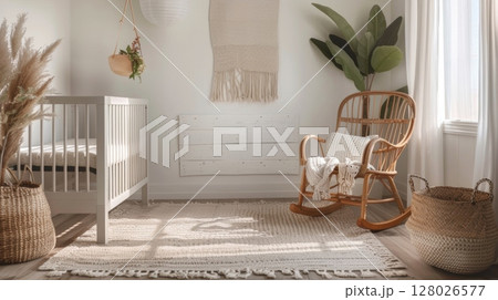 A neutralthemed nursery with a calming color palette including a light gray crib and a soft rug. A wooden rocking chair and woven storage baskets add a touch of warmth and natural elements 128026577