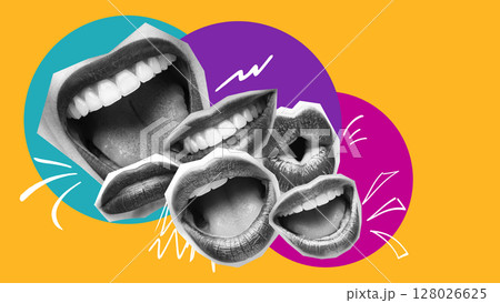 Bold collage with women mouths shouting smiling calling against bright background and graphic overlays 128026625