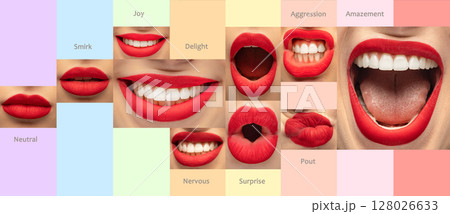 Red lips expressing emotions on pastel color blocks. Magazine layouts Red lips expressing emotions on pastel color blocks. Magazine layouts 128026633