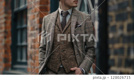 A timeless tweed blazer in muted tones of beige and brown perfect for adding a touch of class to any outfit 128026715