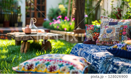 A whimsical seating area in the backyard with quirky patterned cushions and eclectic wooden furniture. Perfect for leisurely afternoons and lively conversations with friends 128026900
