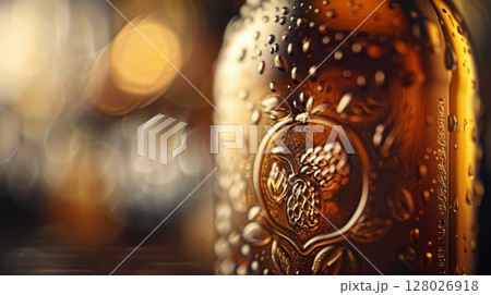 A macro shot of a craft beer bottle highlighting the intricate details of the embossed logo on the glass. The logo features a whimsical illustration of a hop plant adding a touch o 128026918