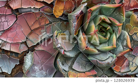 An upclose shot of a succulents skin resembles a mosaic with a mixture of smooth and rough patches creating a visually appealing texture 128026939