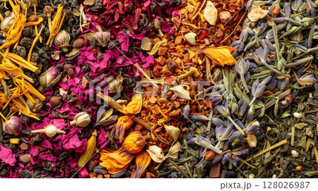A composition of assorted herbal tea blends with bright petals twigs and buds that make up the diverse palette of organic tea 128026987