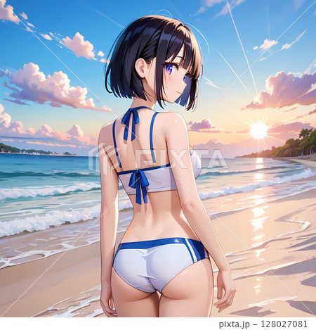 ビーチに立つ水着の若い女性 128027081