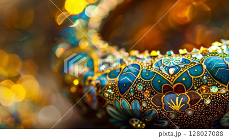 The rich golden tones of a handpainted enamel necklace catch the light highlighting the precise brushstrokes and intricate patterns 128027088