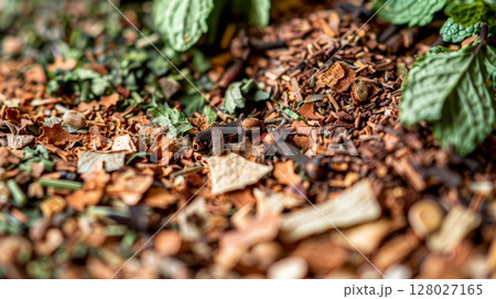 The varying shades of green and brown in a mix of herbs and es such as peppermint ginger and cloves used to create a refreshing and rejuvenating herbal infusion 128027165
