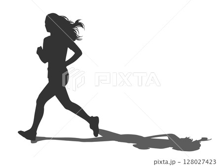 ジョギング 走っている女性のシルエットと影のイラスト 128027423