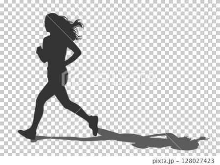 ジョギング 走っている女性のシルエットと影のイラスト 128027423