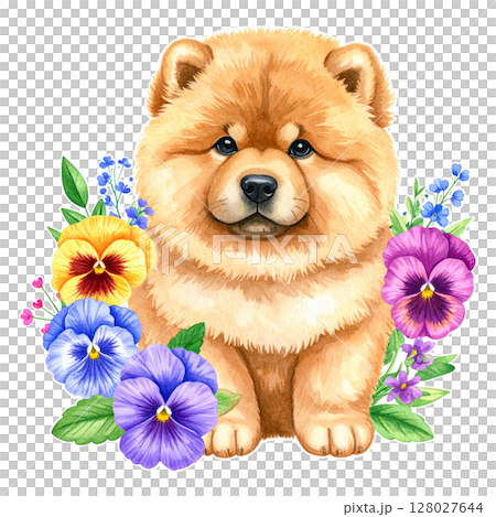 Pansy Viola 和鬆獅犬幼犬的水彩畫 1 / 傳單和海報材料 128027644