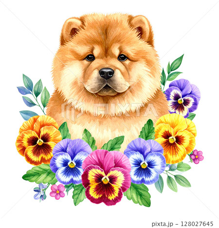 パンジー・ビオラとチャウチャウの仔犬の水彩イラスト2/チラシやポスター用素材 パンジー・ビオラとチャウチャウの仔犬の水彩イラスト2/チラシやポスター用素材 128027645