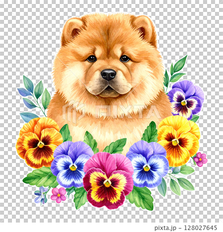 パンジー・ビオラとチャウチャウの仔犬の水彩イラスト2/チラシやポスター用素材 パンジー・ビオラとチャウチャウの仔犬の水彩イラスト2/チラシやポスター用素材 128027645