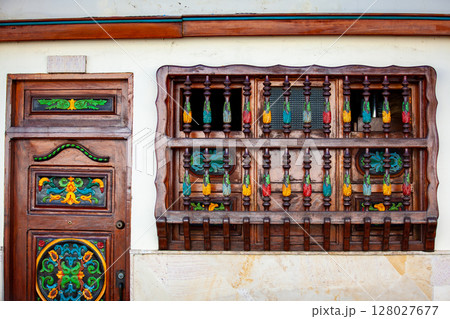 Beautiful facades of the colonial houses at the streets of the Heritage Town of Jerico located in the Department of Antioquia in Colombia. 128027677