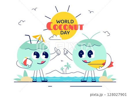 World Coconut Day Vector Illustration on September 2nd featuring Coconut Trees, Flowers, Tropical Leaves, and a Beach in a Flat Style Background 128027901