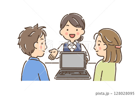 若い夫婦にパソコン画面を見せながら説明をする事務服の女性 128028095