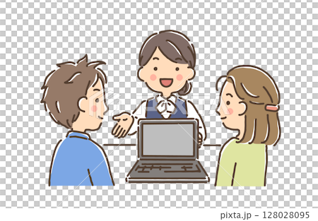 若い夫婦にパソコン画面を見せながら説明をする事務服の女性 128028095