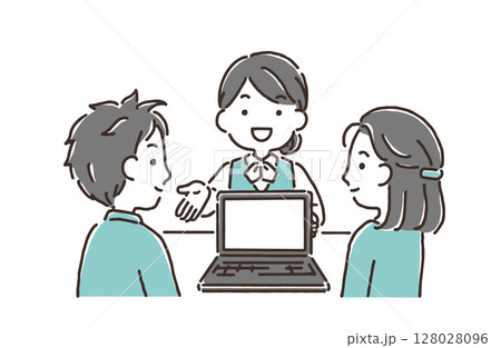 若い夫婦にパソコン画面を見せながら説明をする事務服の女性 128028096