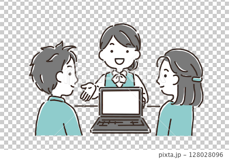 若い夫婦にパソコン画面を見せながら説明をする事務服の女性 128028096