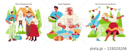 Vector illustration set showing diverse family activities. First image depicts a surprise visit with expressions of joy. Second features cooking together, highlighting teamwork in preparing food Vector illustration set showing diverse family activities. First image depicts a surprise visit with expressions of joy. Second features cooking together, highlighting teamwork in preparing food 128028206