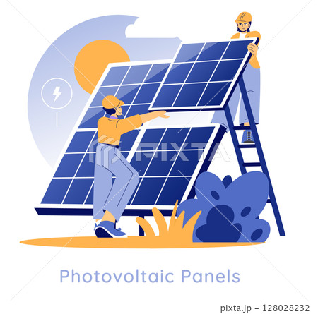 Solar power workers installing photovoltaic panels under a sunny sky. The scene emphasizes the importance of clean energy and skilled labor in the renewable industry, showcasing teamwork and Solar power workers installing photovoltaic panels under a sunny sky. The scene emphasizes the importance of clean energy and skilled labor in the renewable industry, showcasing teamwork and 128028232