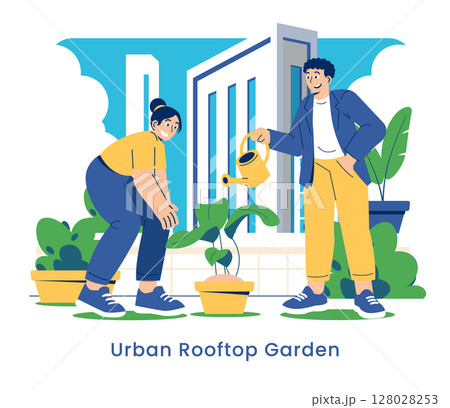 Urban rooftop garden concept demonstrates sustainable urban living through gardening practices. Showcasing individuals nurturing plants promotes green spaces in cities and environmental stewardship Urban rooftop garden concept demonstrates sustainable urban living through gardening practices. Showcasing individuals nurturing plants promotes green spaces in cities and environmental stewardship 128028253