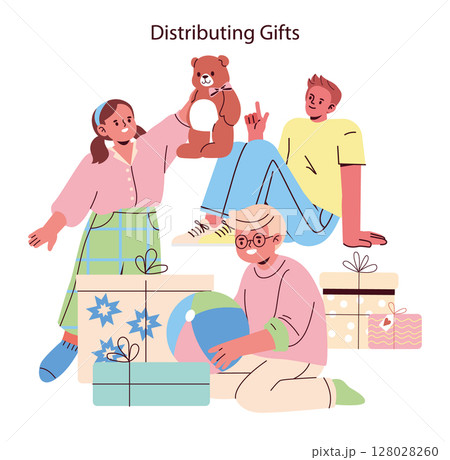 Vector illustration showing a group of kids joyfully distributing gifts and toys. Smiling children hold a teddy bear and a beach ball among colorful presents, illustrating the spirit of sharing. Vector illustration showing a group of kids joyfully distributing gifts and toys. Smiling children hold a teddy bear and a beach ball among colorful presents, illustrating the spirit of sharing. 128028260