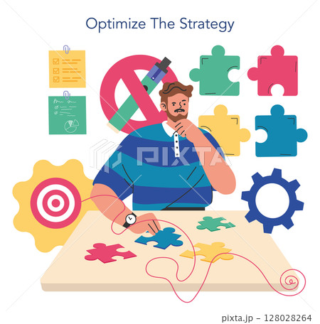 A thoughtful individual strategizes at a workspace, surrounded by puzzle pieces and planning materials. This illustration captures the essence of problem-solving and optimization in strategic planning 128028264