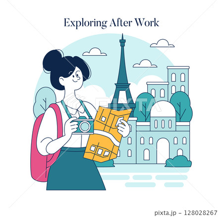 A professional woman enjoys exploring the city after work, camera in hand and map open. The scene captures a blend of leisure and discovery in a vibrant urban environment filled with iconic landmarks. 128028267