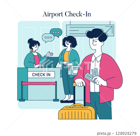 Business travel scenario at an airport check-in counter. Passengers interacting with staff and preparing for their journey. Efficient service experience and travel preparations highlighted. Vector Business travel scenario at an airport check-in counter. Passengers interacting with staff and preparing for their journey. Efficient service experience and travel preparations highlighted. Vector 128028279