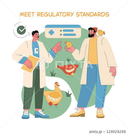Egg Farm illustration featuring professionals ensuring standards in poultry care. The scene captures two men, one with a chick, discussing regulations, highlighting health and care in egg farming 128028288