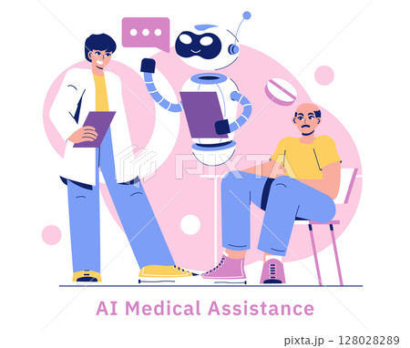 AI in medicine transformation showcases a doctor and a robot interacting with a patient. This illustrates how artificial intelligence enhances healthcare delivery and support in medical environments. 128028289
