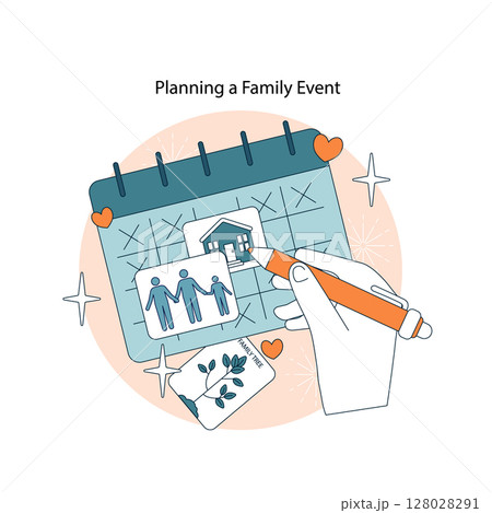 Connection Between Generations concept. Hand marks calendar for family event at home. Family photo and family tree card capture importance of togetherness and bridging generational bonds. Vector 128028291