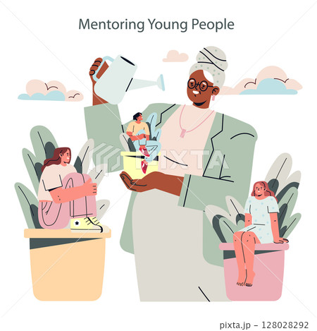 Silver Society. Older mentor guiding and nurturing young people, symbolized by watering youth growing in pots. Scene reflects intergenerational support, growth and wisdom sharing. Vector illustration. 128028292