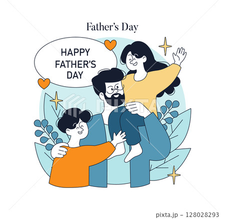 Father's Day illustration depicting a joyful scene with a father and two children expressing happiness and love. Emphasizes the bond of family and celebration. 128028293