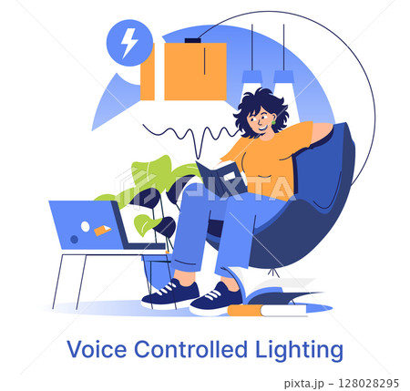 Vector illustration of a woman relaxing in a chair, reading, while controlling lighting with her voice. The scene includes a laptop and cozy indoor atmosphere, highlighting smart home technology. 128028295
