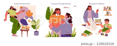 Vector illustration showcasing three scenarios emphasizing creativity, connection, and mentorship. A person engages in art, a couple shares a moment, and a mentor guides a child in learning. 128028326