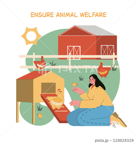 An engaging scene on a sustainable egg farm shows a person caring for hens and chicks. The illustration emphasizes the importance of animal welfare in agricultural practices. 128028329