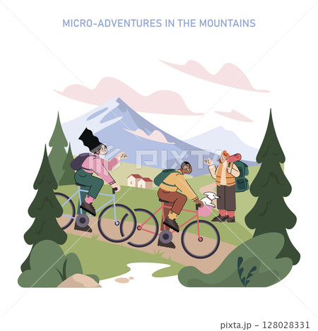 Mountain tourism concept. People cycling and hiking with backpacks and a dog on scenic trails surrounded by pine trees, hills, and snowy peaks enjoying outdoor mountain adventures. Vector illustration 128028331